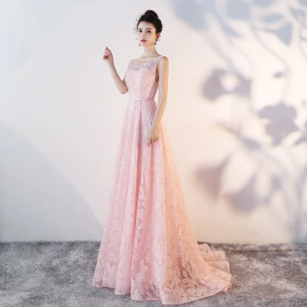 Bling Bling Pearl Pink See-through Lace Evening Dresses  2018 A-Line / Princess Scoop Neck Sleeveless Sash Court Train Ruffle Backless Formal Dresses