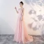 Bling Bling Pearl Pink See-through Lace Evening Dresses  2018 A-Line / Princess Scoop Neck Sleeveless Sash Court Train Ruffle Backless Formal Dresses