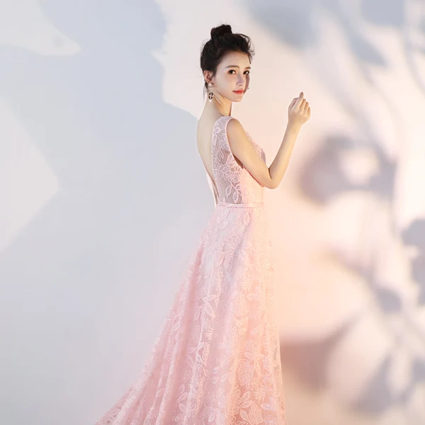 Bling Bling Pearl Pink See-through Lace Evening Dresses  2018 A-Line / Princess Scoop Neck Sleeveless Sash Court Train Ruffle Backless Formal Dresses