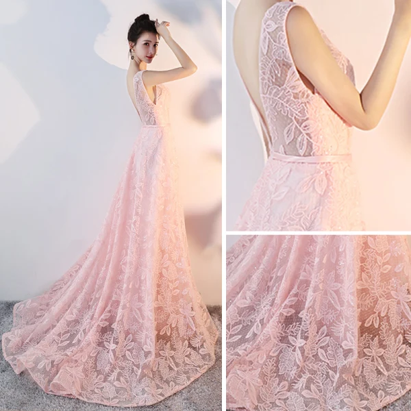 Bling Bling Pearl Pink See-through Lace Evening Dresses  2018 A-Line / Princess Scoop Neck Sleeveless Sash Court Train Ruffle Backless Formal Dresses