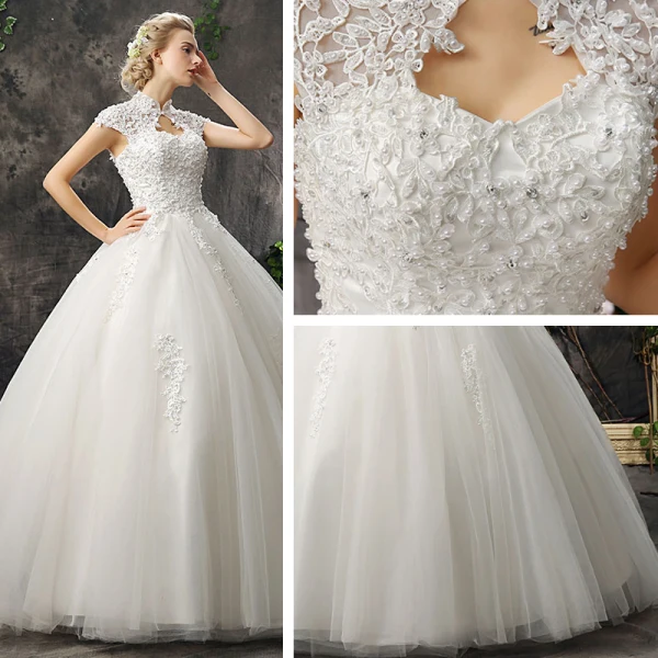 Abordable Chic / Belle Salle Robe De Mariée 2017 En Dentelle Appliques Faux Diamant Dos Nu Col Haut Manches Courtes Longue Ivoire Robe Boule