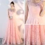 Bling Bling Pearl Pink See-through Lace Evening Dresses  2018 A-Line / Princess Scoop Neck Sleeveless Sash Court Train Ruffle Backless Formal Dresses