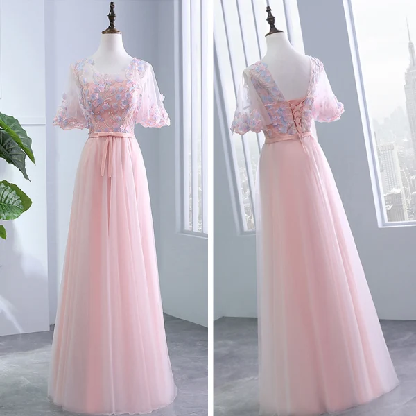 Chic / Belle Perle Rose Robe Demoiselle D'honneur 2018 Princesse Appliques Fleur Noeud Ceinture Perlage Longue Volants Dos Nu Robe Pour Mariage