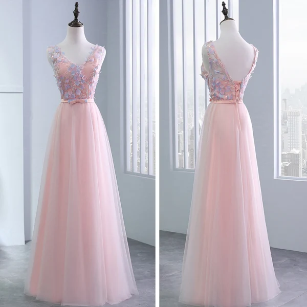 Chic / Belle Perle Rose Robe Demoiselle D'honneur 2018 Princesse Appliques Fleur Noeud Ceinture Perlage Longue Volants Dos Nu Robe Pour Mariage