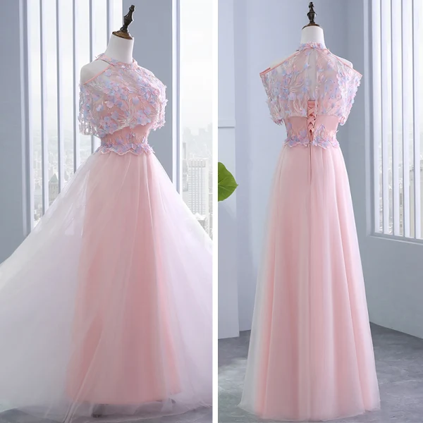 Chic / Belle Perle Rose Robe Demoiselle D'honneur 2018 Princesse Appliques Fleur Noeud Ceinture Perlage Longue Volants Dos Nu Robe Pour Mariage
