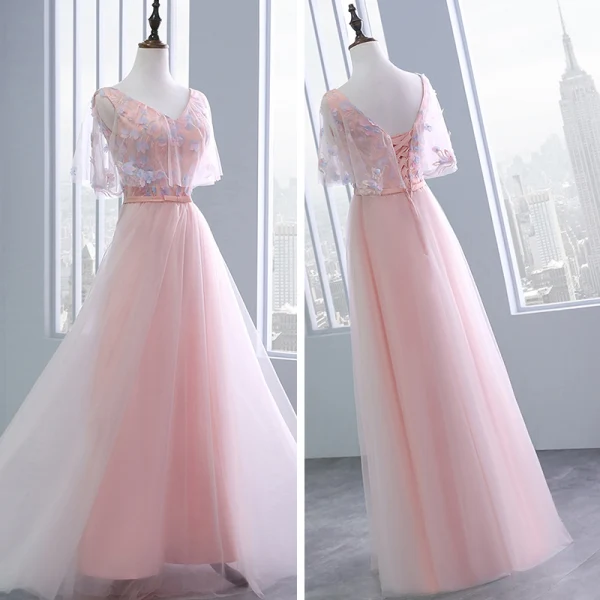 Chic / Belle Perle Rose Robe Demoiselle D'honneur 2018 Princesse Appliques Fleur Noeud Ceinture Perlage Longue Volants Dos Nu Robe Pour Mariage