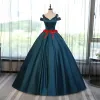 Chic / Beautiful Ink Blue Prom Dresses 2017 Ball Gown V-Neck Short Sleeve Appliques Flower Rhinestone Floor-Length / Long Ruffle Backless Formal Dresses