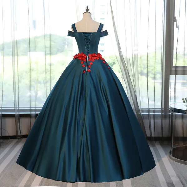 Chic / Beautiful Ink Blue Prom Dresses 2017 Ball Gown V-Neck Short Sleeve Appliques Flower Rhinestone Floor-Length / Long Ruffle Backless Formal Dresses