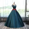 Chic / Beautiful Ink Blue Prom Dresses 2017 Ball Gown V-Neck Short Sleeve Appliques Flower Rhinestone Floor-Length / Long Ruffle Backless Formal Dresses