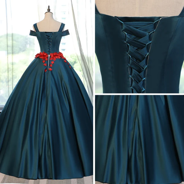 Chic / Beautiful Ink Blue Prom Dresses 2017 Ball Gown V-Neck Short Sleeve Appliques Flower Rhinestone Floor-Length / Long Ruffle Backless Formal Dresses