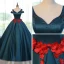 Chic / Beautiful Ink Blue Prom Dresses 2017 Ball Gown V-Neck Short Sleeve Appliques Flower Rhinestone Floor-Length / Long Ruffle Backless Formal Dresses