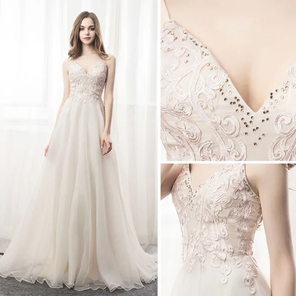 Elegant Champagne Organza Sommer Selskapskjoler 2018 Prinsesse Spaghettistropper Kjæreste Uten Ermer Appliques Blonder Rhinestone Domstol Tog Buste Ryggløse Formelle Kjoler