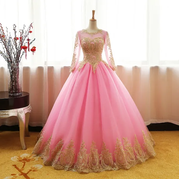 Chic / Beautiful Candy Pink Prom Dresses 2017 Ball Gown Scoop Neck Long Sleeve Gold Appliques Lace Floor-Length / Long Ruffle Pierced Backless Formal Dresses