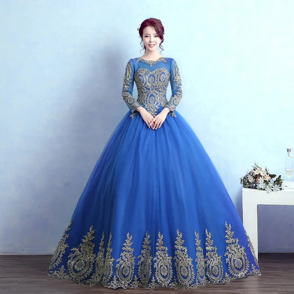 Chic / Belle Rose Bonbon Robe De Bal 2017 Robe Boule Encolure Dégagée Manches Longues Doré Appliques En Dentelle Longue Volants Percé Dos Nu Robe De Ceremonie