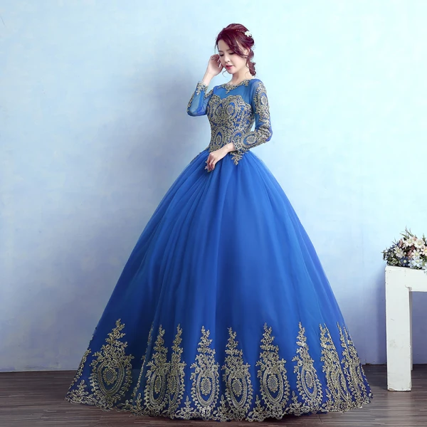 Chic / Belle Rose Bonbon Robe De Bal 2017 Robe Boule Encolure Dégagée Manches Longues Doré Appliques En Dentelle Longue Volants Percé Dos Nu Robe De Ceremonie