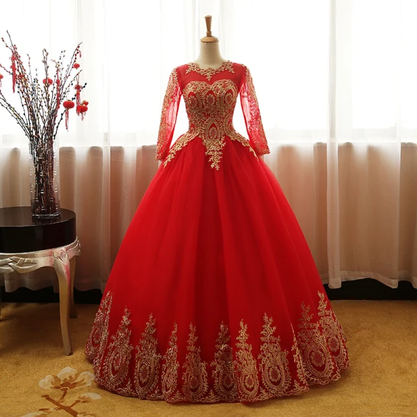 Chic / Belle Rose Bonbon Robe De Bal 2017 Robe Boule Encolure Dégagée Manches Longues Doré Appliques En Dentelle Longue Volants Percé Dos Nu Robe De Ceremonie