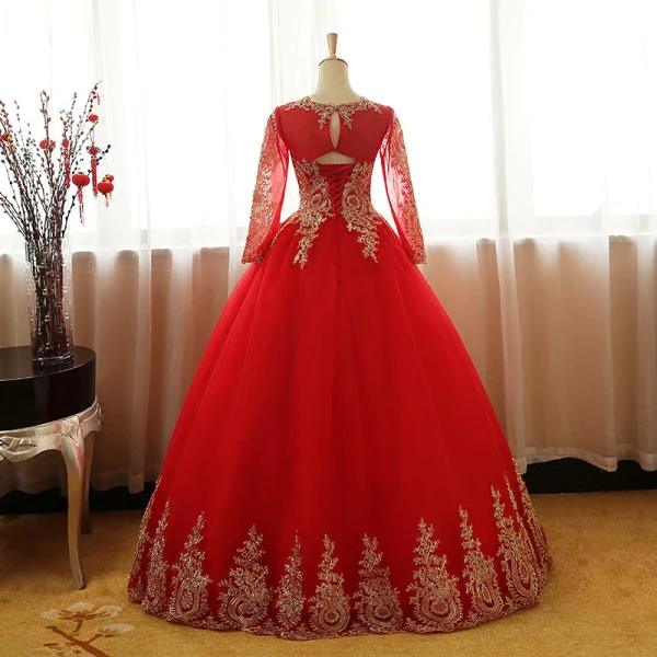 Chic / Belle Rose Bonbon Robe De Bal 2017 Robe Boule Encolure Dégagée Manches Longues Doré Appliques En Dentelle Longue Volants Percé Dos Nu Robe De Ceremonie