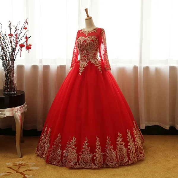 Chic / Belle Rose Bonbon Robe De Bal 2017 Robe Boule Encolure Dégagée Manches Longues Doré Appliques En Dentelle Longue Volants Percé Dos Nu Robe De Ceremonie
