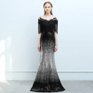 Sparkly Svart Gradient Farge Sølv Paljetter Selskapskjoler 2018 Trompet Havfrue Gjennomsiktig Firkantet Hals 3 4 Ermer Dusk Appliques Blonder Rhinestone Lange Ryggløse Formelle Kjoler