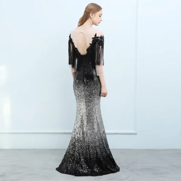 Scintillantes Noire Dégradé De Couleur Argenté Paillettes Robe De Soirée 2018 Trompette / Sirène Transparentes Encolure Carrée 3/4 Manches Gland Appliques En Dentelle Faux Diamant Longue Dos Nu Robe De Ceremonie