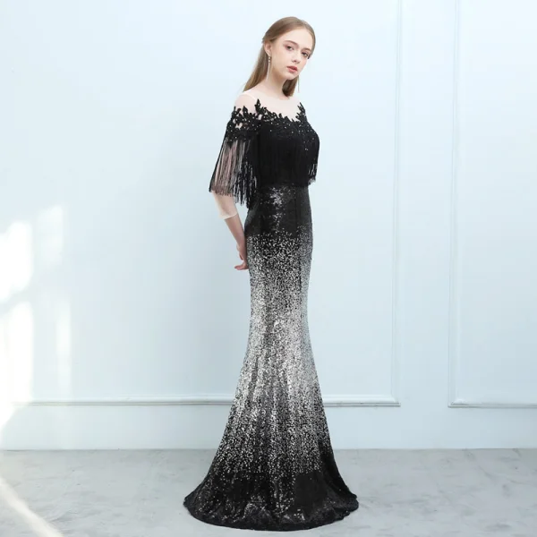 Scintillantes Noire Dégradé De Couleur Argenté Paillettes Robe De Soirée 2018 Trompette / Sirène Transparentes Encolure Carrée 3/4 Manches Gland Appliques En Dentelle Faux Diamant Longue Dos Nu Robe De Ceremonie