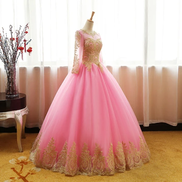 Chic / Belle Rose Bonbon Robe De Bal 2017 Robe Boule Encolure Dégagée Manches Longues Doré Appliques En Dentelle Longue Volants Percé Dos Nu Robe De Ceremonie