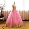 Chic / Beautiful Candy Pink Prom Dresses 2017 Ball Gown Scoop Neck Long Sleeve Gold Appliques Lace Floor-Length / Long Ruffle Pierced Backless Formal Dresses