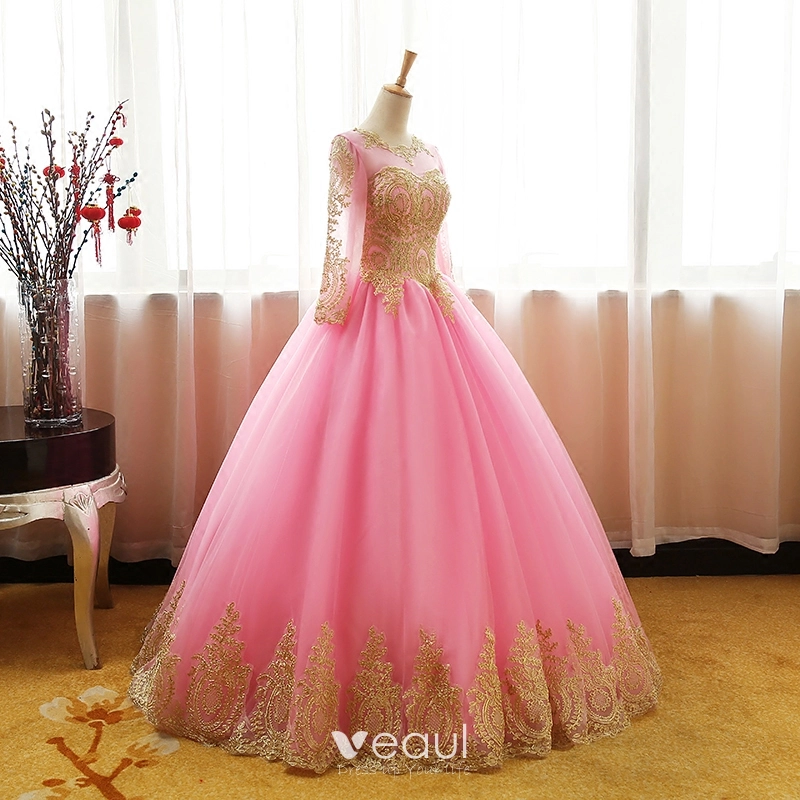 pink and gold prom dress Pink Halter Gold Sequins Prom Dresses Mermaid Feather Evening Dress main image 1