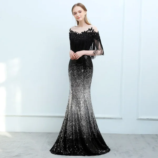 Scintillantes Noire Dégradé De Couleur Argenté Paillettes Robe De Soirée 2018 Trompette / Sirène Transparentes Encolure Carrée 3/4 Manches Gland Appliques En Dentelle Faux Diamant Longue Dos Nu Robe De Ceremonie