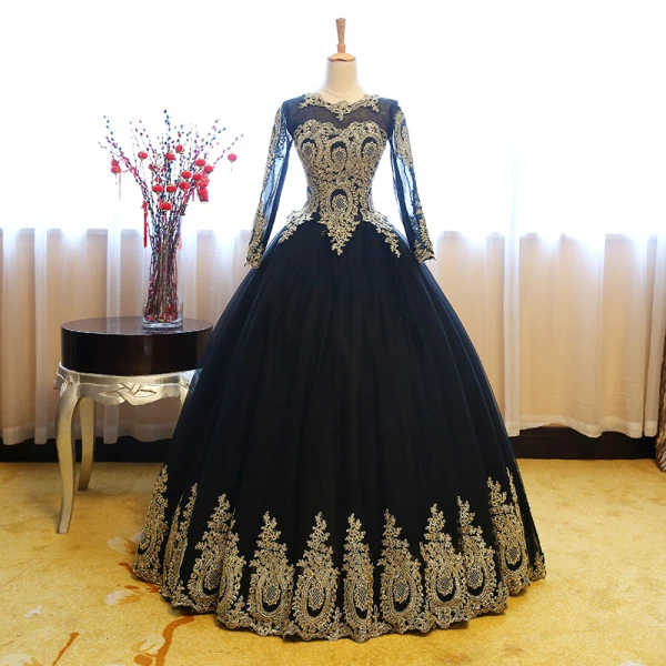 Chic / Belle Rose Bonbon Robe De Bal 2017 Robe Boule Encolure Dégagée Manches Longues Doré Appliques En Dentelle Longue Volants Percé Dos Nu Robe De Ceremonie