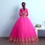 Chic / Belle Rose Bonbon Robe De Bal 2017 Robe Boule Encolure Dégagée Manches Longues Doré Appliques En Dentelle Longue Volants Percé Dos Nu Robe De Ceremonie