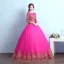 Chic / Belle Rose Bonbon Robe De Bal 2017 Robe Boule Encolure Dégagée Manches Longues Doré Appliques En Dentelle Longue Volants Percé Dos Nu Robe De Ceremonie