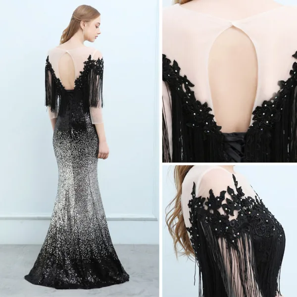 Scintillantes Noire Dégradé De Couleur Argenté Paillettes Robe De Soirée 2018 Trompette / Sirène Transparentes Encolure Carrée 3/4 Manches Gland Appliques En Dentelle Faux Diamant Longue Dos Nu Robe De Ceremonie