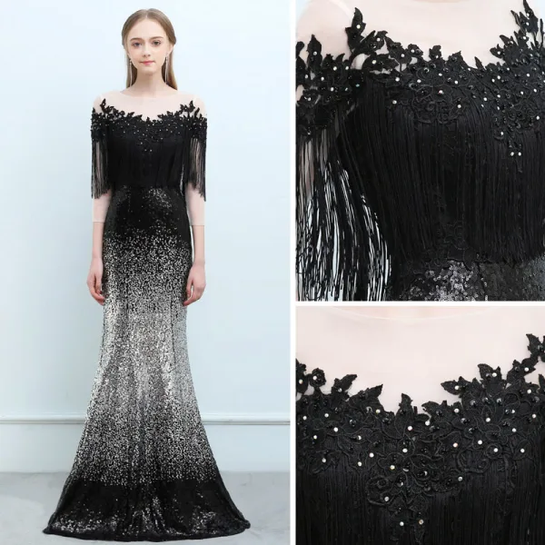 Scintillantes Noire Dégradé De Couleur Argenté Paillettes Robe De Soirée 2018 Trompette / Sirène Transparentes Encolure Carrée 3/4 Manches Gland Appliques En Dentelle Faux Diamant Longue Dos Nu Robe De Ceremonie