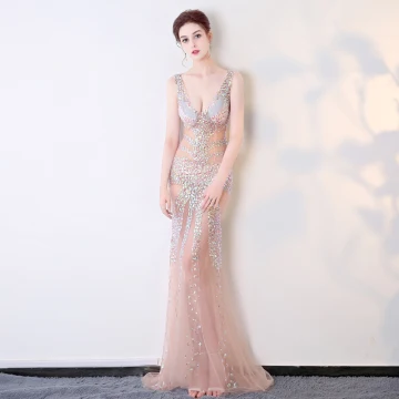 Sexy Perle Rose Transparentes Robe De Soirée 2018 Trompette Sirène V Cou Sans Manches Perlage Cristal Longue Dos Nu Robe De Ceremonie