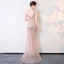 Sexy Perle Rose Transparentes Robe De Soirée 2018 Trompette / Sirène V-Cou Sans Manches Perlage Cristal Longue Dos Nu Robe De Ceremonie