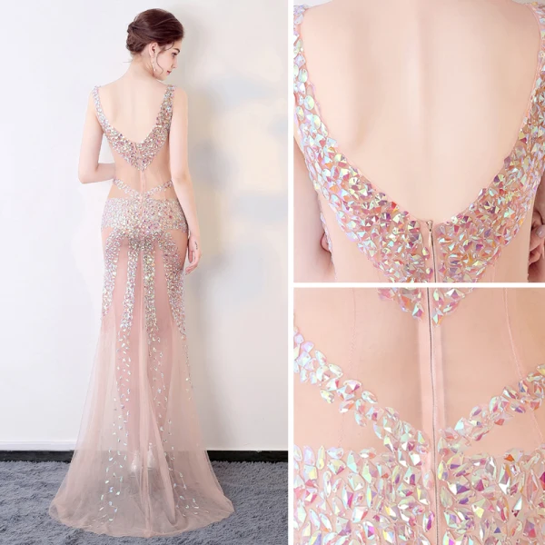 Sexy Perle Rose Transparentes Robe De Soirée 2018 Trompette / Sirène V-Cou Sans Manches Perlage Cristal Longue Dos Nu Robe De Ceremonie