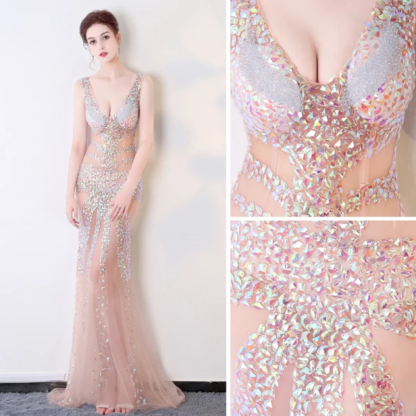 Sexy Perle Rose Transparentes Robe De Soirée 2018 Trompette / Sirène V-Cou Sans Manches Perlage Cristal Longue Dos Nu Robe De Ceremonie
