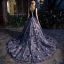 Chic / Belle Bleu Marine Robe De Bal 2017 Robe Boule V-Cou Sans Manches Appliques Fleur Perle Faux Diamant Noeud Ceinture Chapel Train Volants Dos Nu Robe De Ceremonie