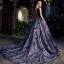 Chic / Belle Bleu Marine Robe De Bal 2017 Robe Boule V-Cou Sans Manches Appliques Fleur Perle Faux Diamant Noeud Ceinture Chapel Train Volants Dos Nu Robe De Ceremonie