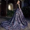 Chic / Beautiful Navy Blue Prom Dresses 2017 Ball Gown V-Neck Sleeveless Appliques Flower Pearl Rhinestone Bow Sash Chapel Train Ruffle Backless Formal Dresses