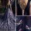 Chic / Belle Bleu Marine Robe De Bal 2017 Robe Boule V-Cou Sans Manches Appliques Fleur Perle Faux Diamant Noeud Ceinture Chapel Train Volants Dos Nu Robe De Ceremonie
