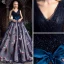 Chic / Belle Bleu Marine Robe De Bal 2017 Robe Boule V-Cou Sans Manches Appliques Fleur Perle Faux Diamant Noeud Ceinture Chapel Train Volants Dos Nu Robe De Ceremonie