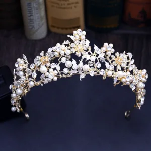 Fine Gull Sølv Tiara 2018 Metall Krystall Perle Rhinestone Blad Tilbehør