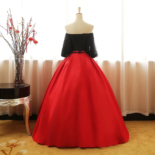 Chic / Belle Noire Rouge Robe De Bal 2017 Robe Boule Bustier 1/2 Manches Appliques En Dentelle Paillettes Perle Noeud Ceinture Longue Volants Dos Nu Robe De Ceremonie