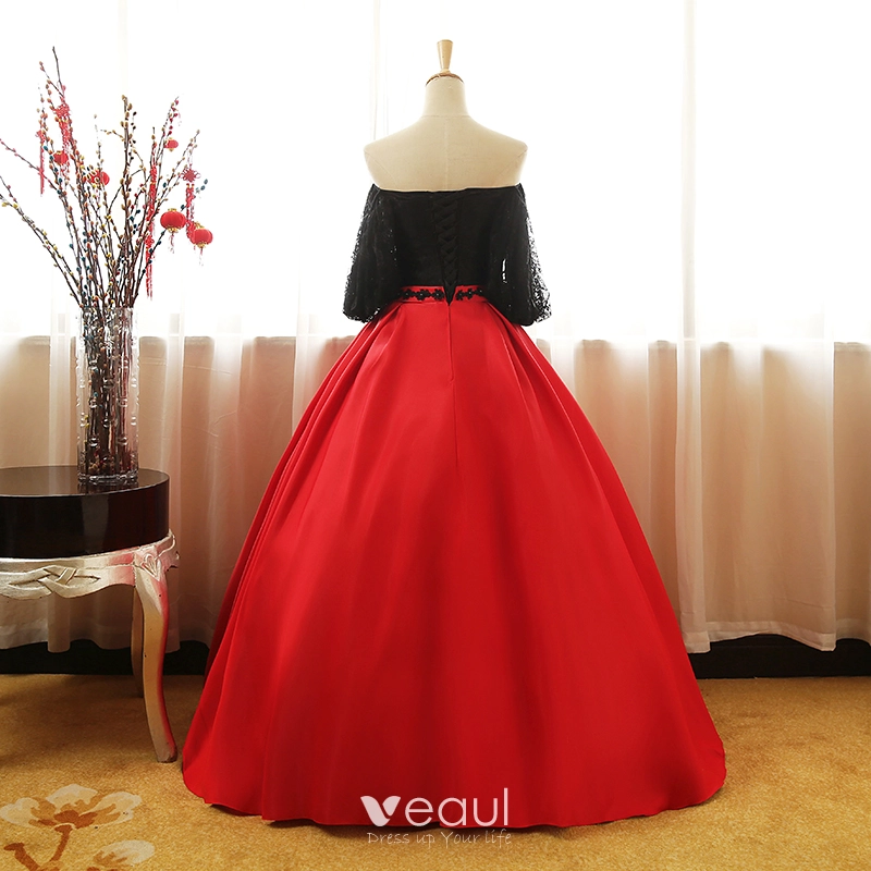 Off-the-Shoulder Appliques Pearls Sashes Red Homecoming Dress