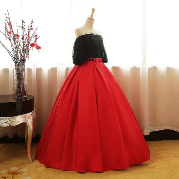 Chic / Belle Noire Rouge Robe De Bal 2017 Robe Boule Bustier 1/2 Manches Appliques En Dentelle Paillettes Perle Noeud Ceinture Longue Volants Dos Nu Robe De Ceremonie