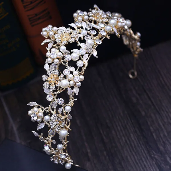 Chic / Beautiful Gold Silver Tiara 2018 Metal Crystal Pearl Rhinestone Leaf Accessories