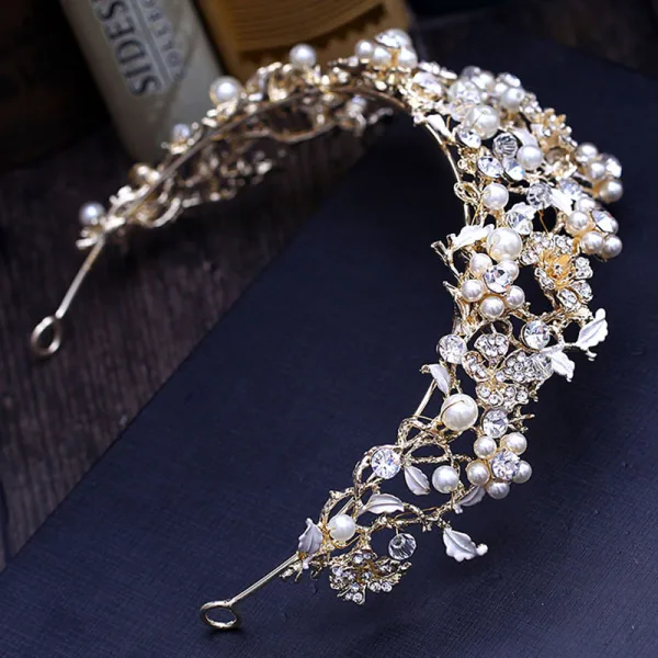 Chic / Beautiful Gold Silver Tiara 2018 Metal Crystal Pearl Rhinestone Leaf Accessories