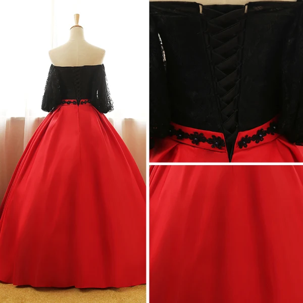 Chic / Belle Noire Rouge Robe De Bal 2017 Robe Boule Bustier 1/2 Manches Appliques En Dentelle Paillettes Perle Noeud Ceinture Longue Volants Dos Nu Robe De Ceremonie
